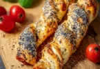 Bastoncini croccanti di pasta sfoglia appena sfornati, dorati e deliziosi.