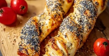 Bastoncini croccanti di pasta sfoglia appena sfornati, dorati e deliziosi.