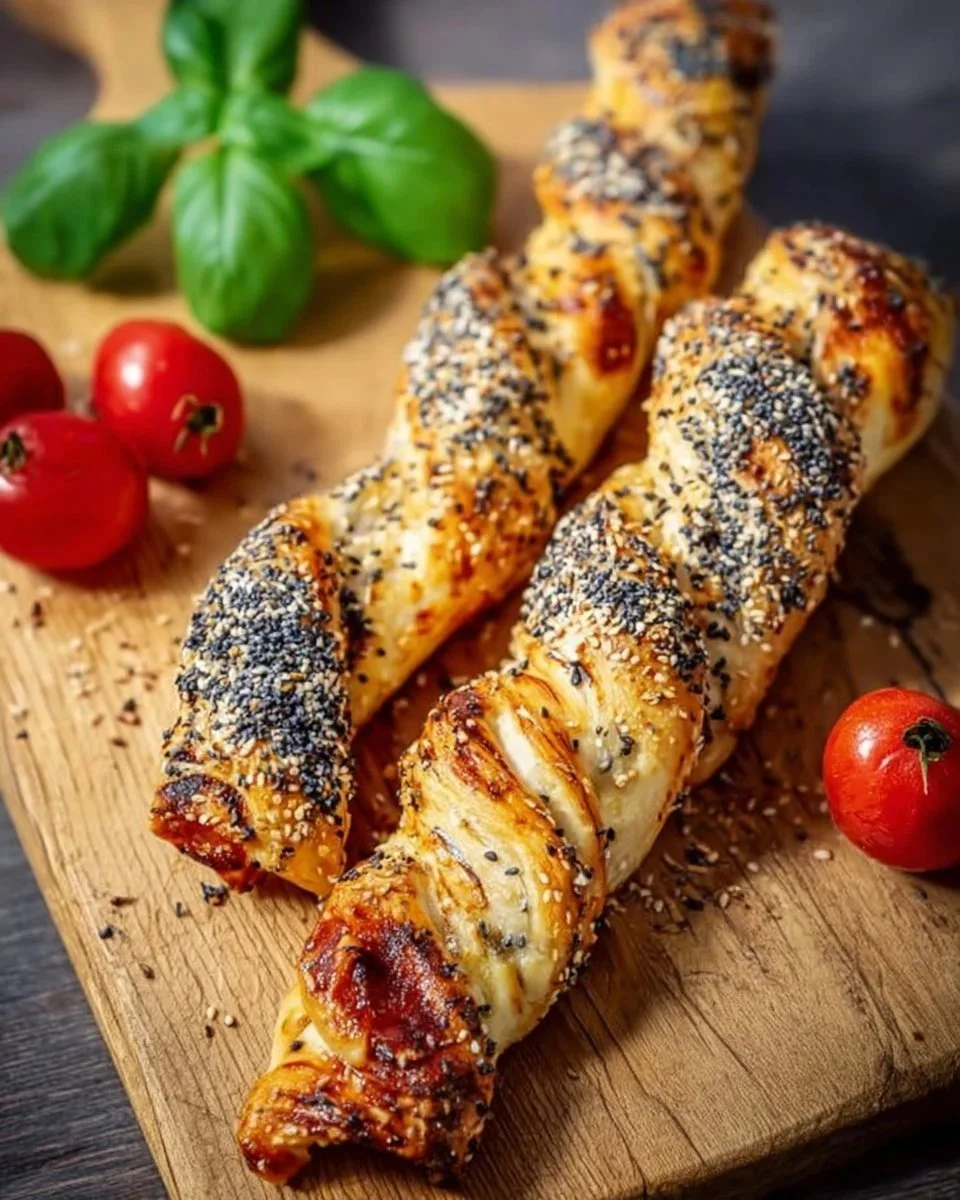 Bastoncini croccanti di pasta sfoglia appena sfornati, dorati e deliziosi.