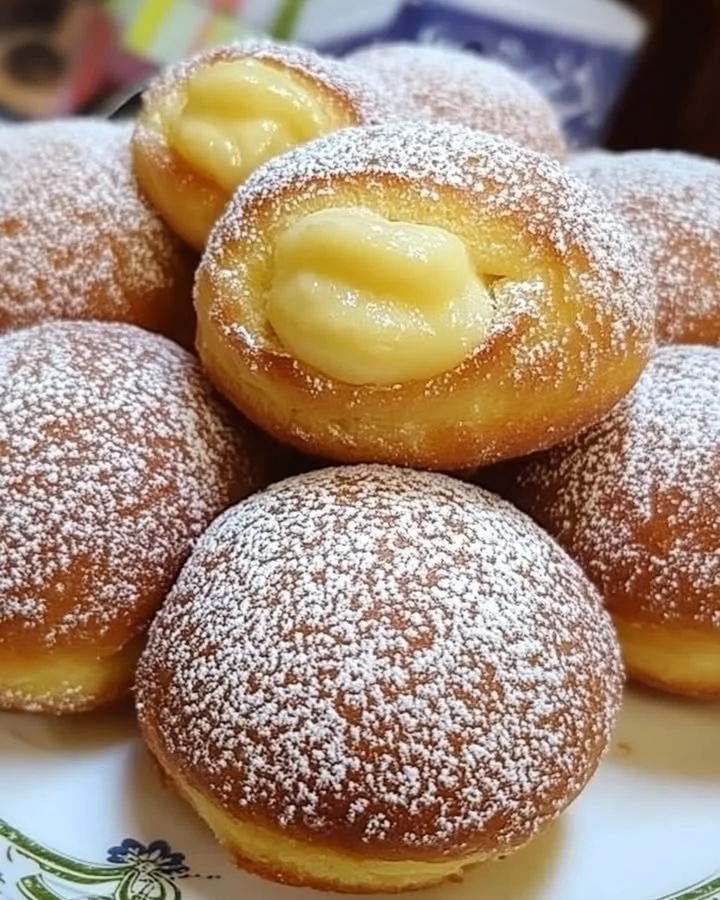 Deliziosi bomboloni ripieni di crema e marmellata, dolci tipici italiani.