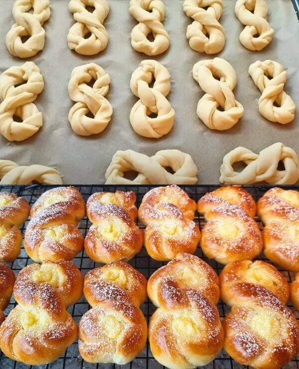 Brioches soffici con crema, dolce delizioso e invitante