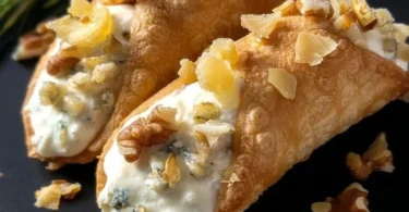 Cannoli di pane ripieni di gorgonzola e noci su un piatto elegante.