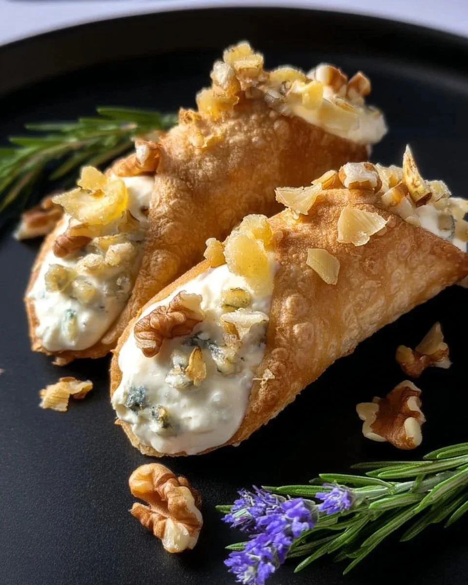 Cannoli di pane ripieni di gorgonzola e noci su un piatto elegante.