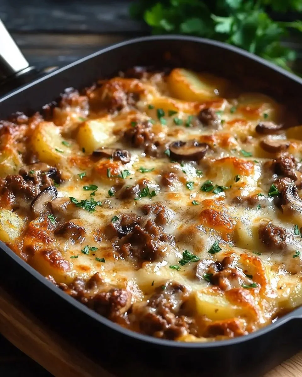 Casseruola di Manzo e Patate cotta lentamente in salsa ricca.
