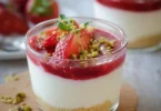 Dessert di fragole nel bicchiere con crema e frutta fresca
