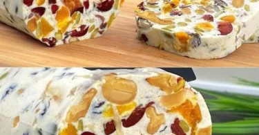Dolce di ricotta e frutta secca servito su un piatto decorato.