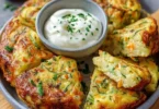 Frittelle di verdure servite con salsa alle erbe fresca