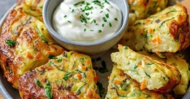 Frittelle di verdure servite con salsa alle erbe fresca