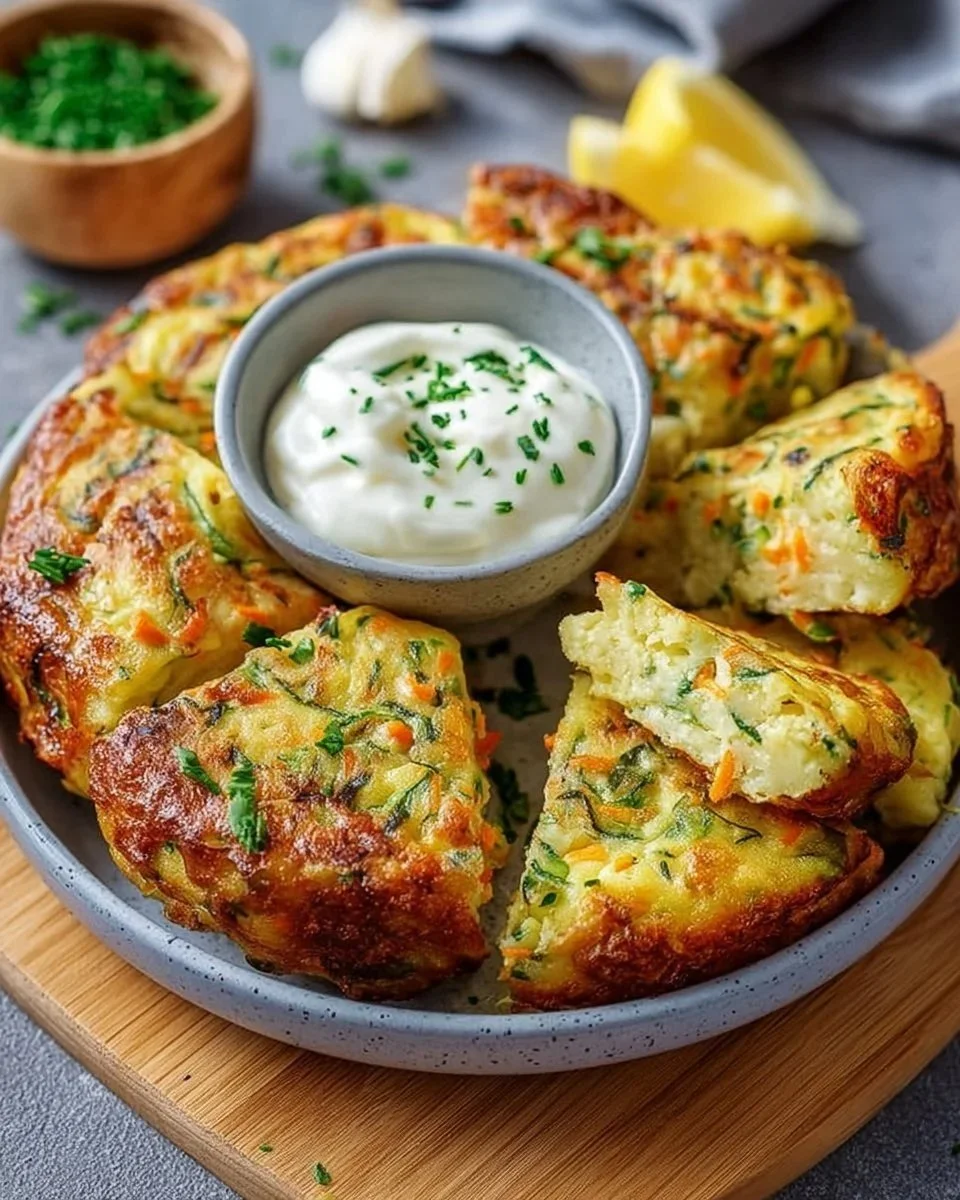 Frittelle di verdure servite con salsa alle erbe fresca