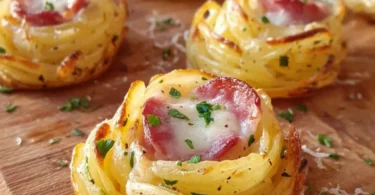 Nidi di Patate con Pancetta e Mozzarella serviti su piatto elegante