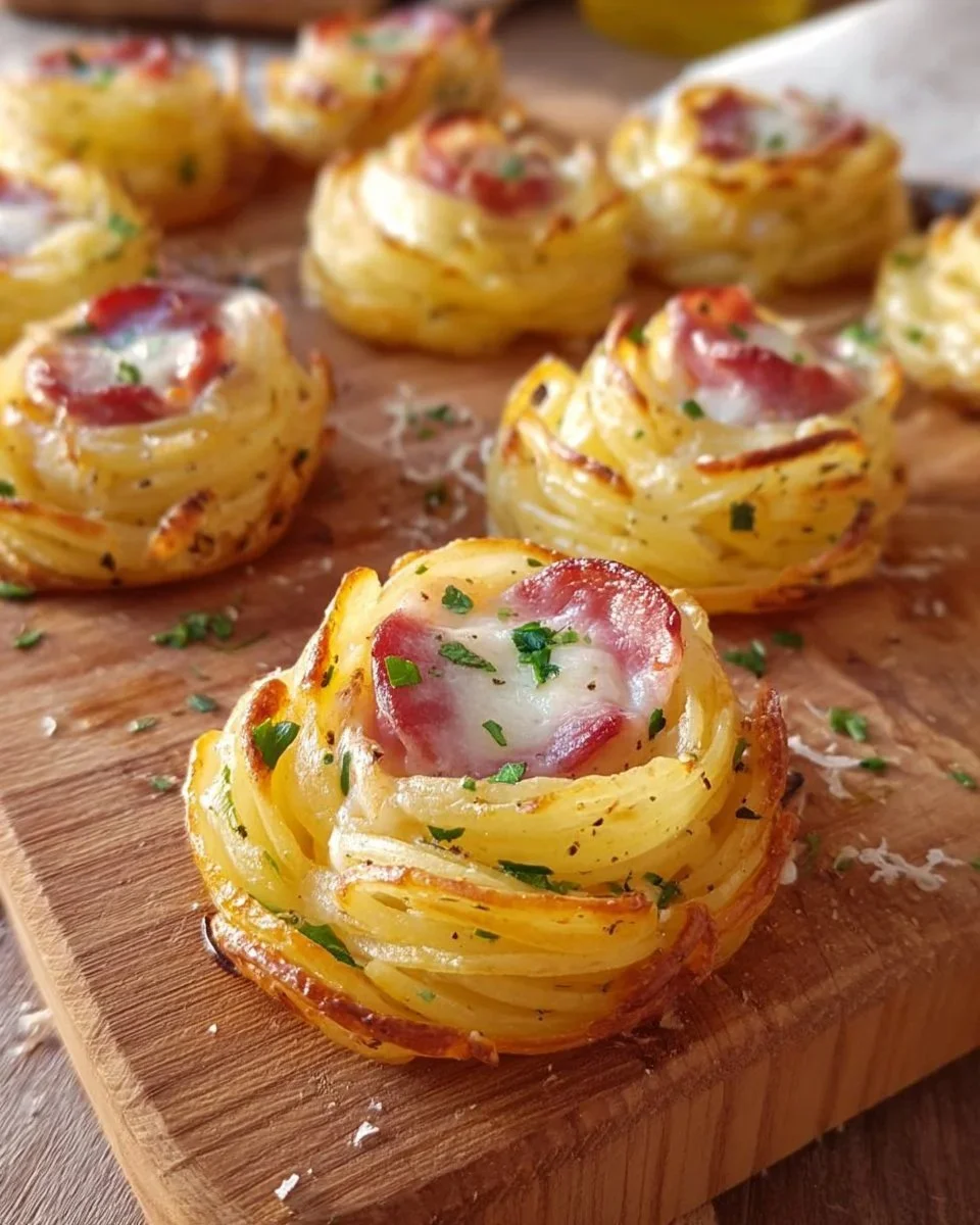Nidi di Patate con Pancetta e Mozzarella serviti su piatto elegante