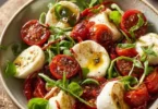 Insalata con mozzarelline marinate e pomodori secchi su un piatto elegante.