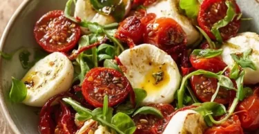Insalata con mozzarelline marinate e pomodori secchi su un piatto elegante.