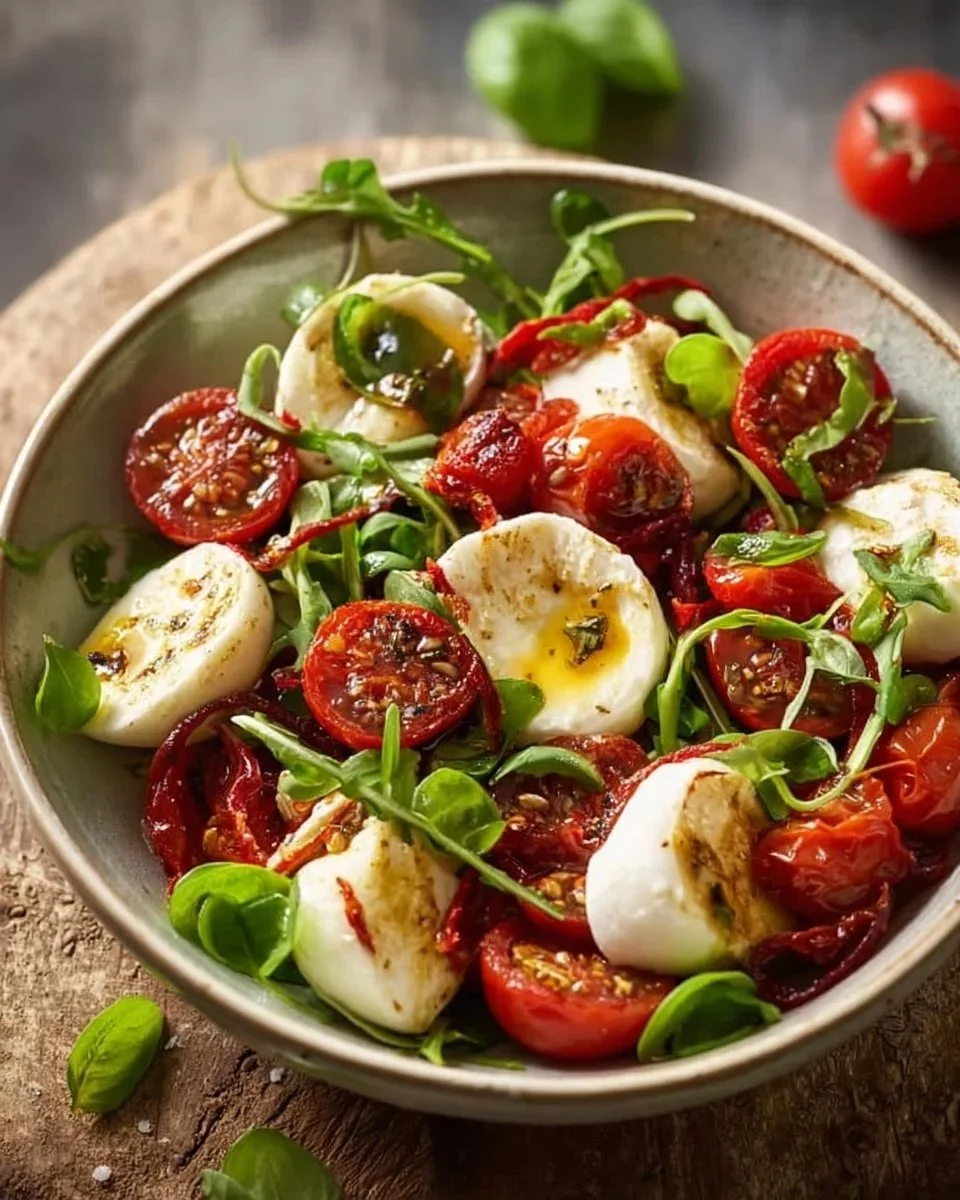 Insalata con mozzarelline marinate e pomodori secchi su un piatto elegante.