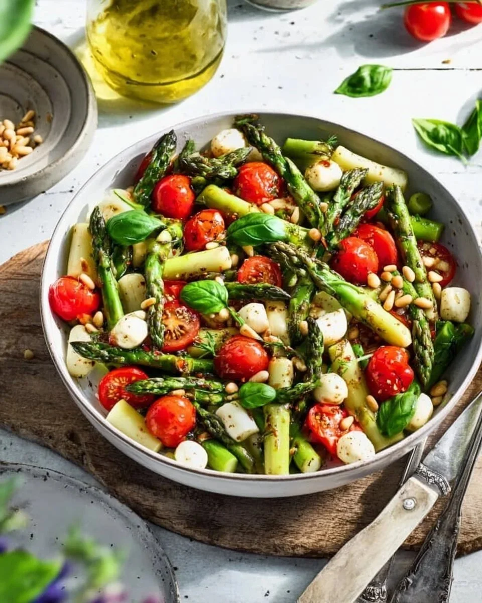 Insalata di asparagi verdi con pomodori e mozzarella su un piatto decorativo