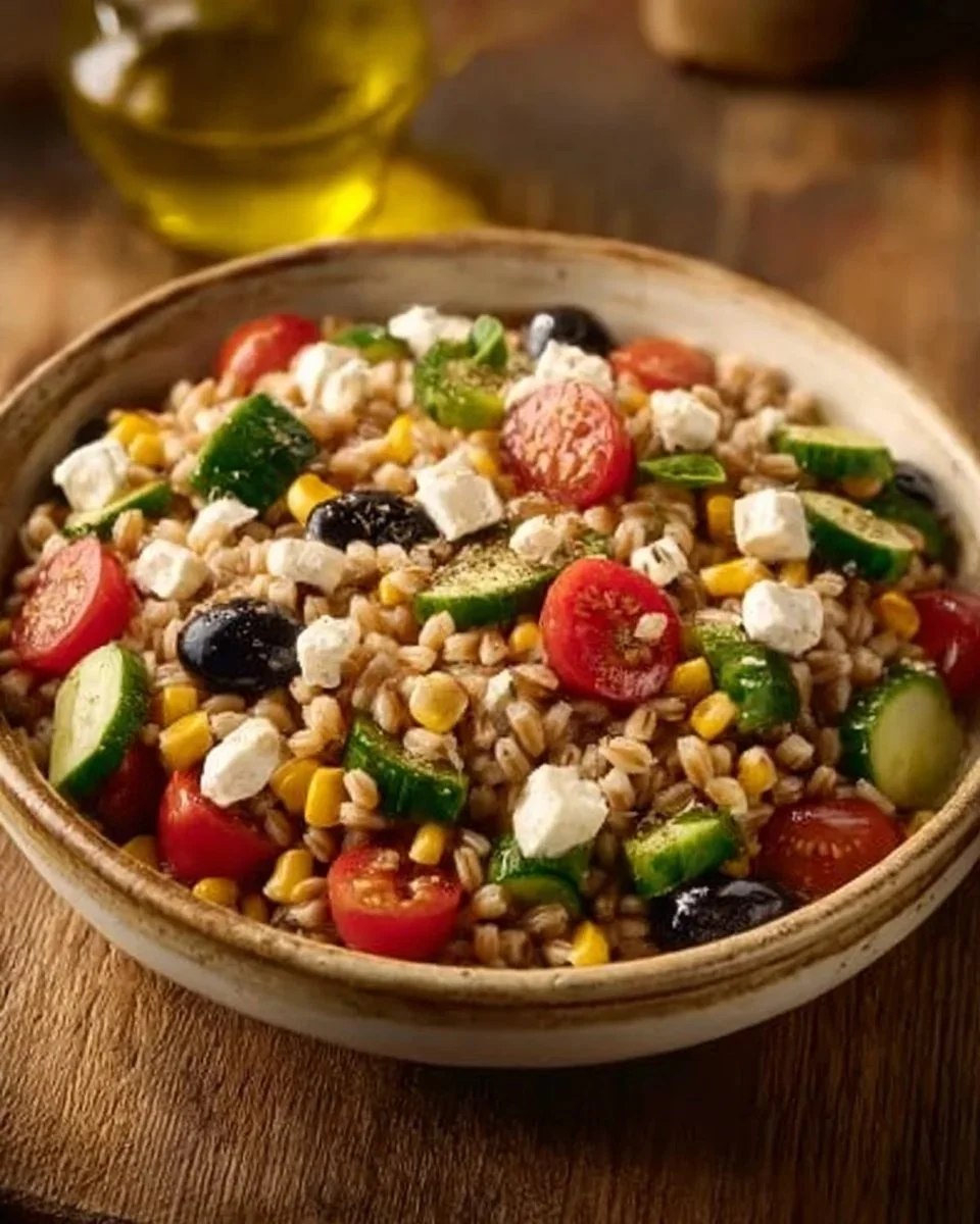 Insalata di farro con verdure fresche e condimenti
