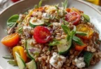 Insalata di farro con verdure fresche e colorate, piatto salutare e nutriente.