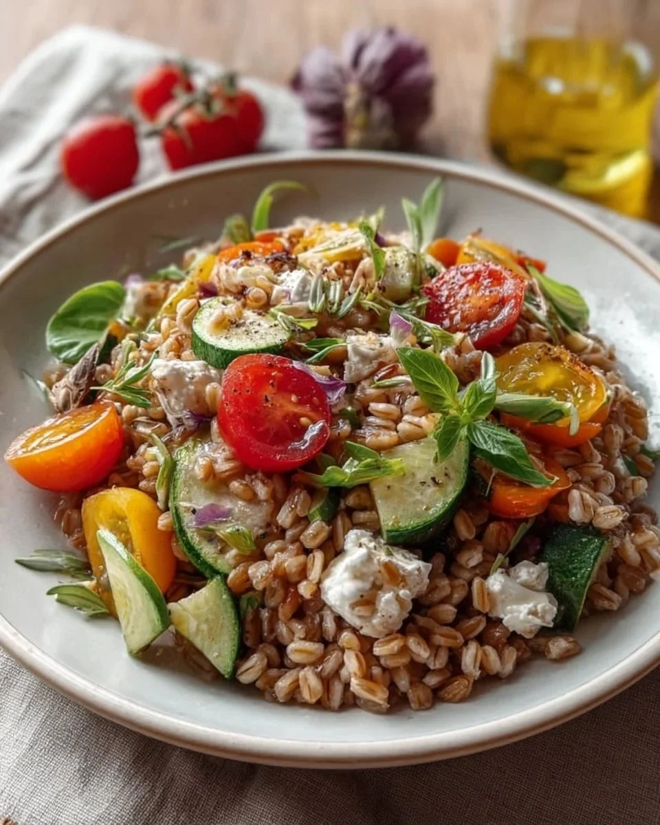 Insalata di farro con verdure fresche e colorate, piatto salutare e nutriente.