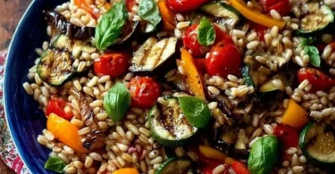 Insalata di orzo con verdure fresche e colorate in una ciotola