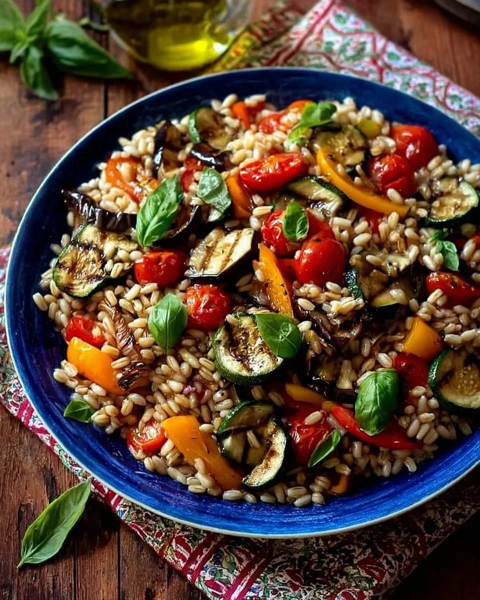 Insalata di orzo con verdure fresche e colorate in una ciotola
