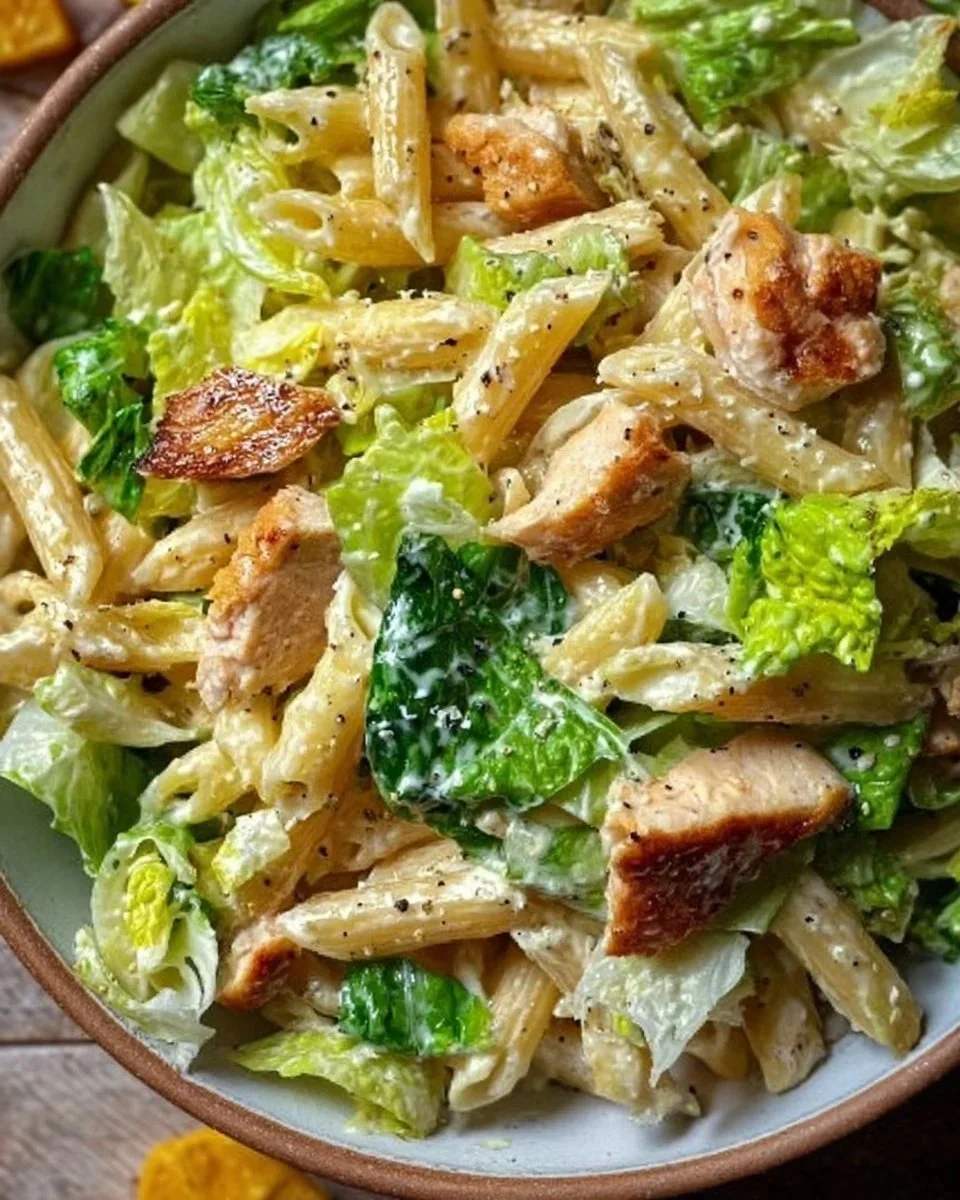 Insalata di pasta Caesar con verdure fresche e condimento cremoso