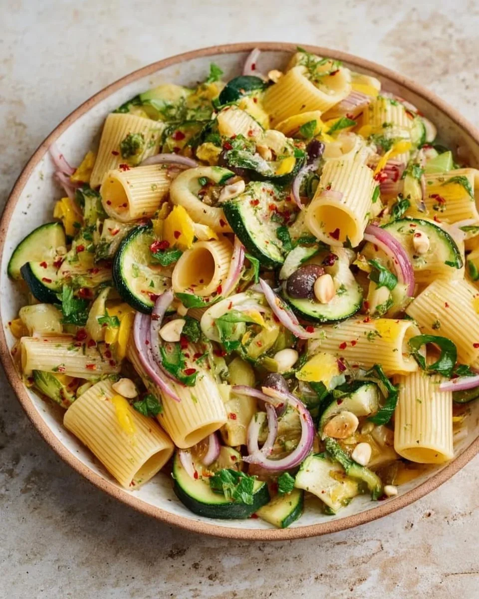 Insalata di pasta estiva con zucchine fresca e colorata