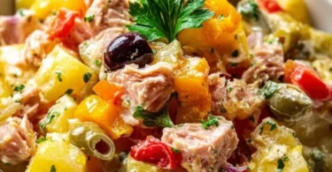 Insalata di patate con tonno servita in un piatto colorato