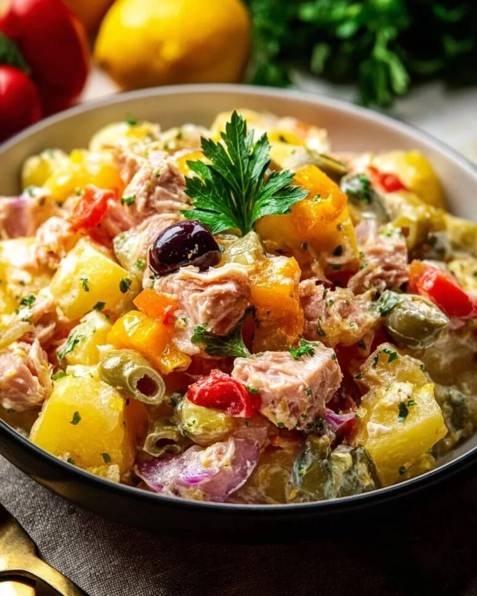 Insalata di patate con tonno servita in un piatto colorato