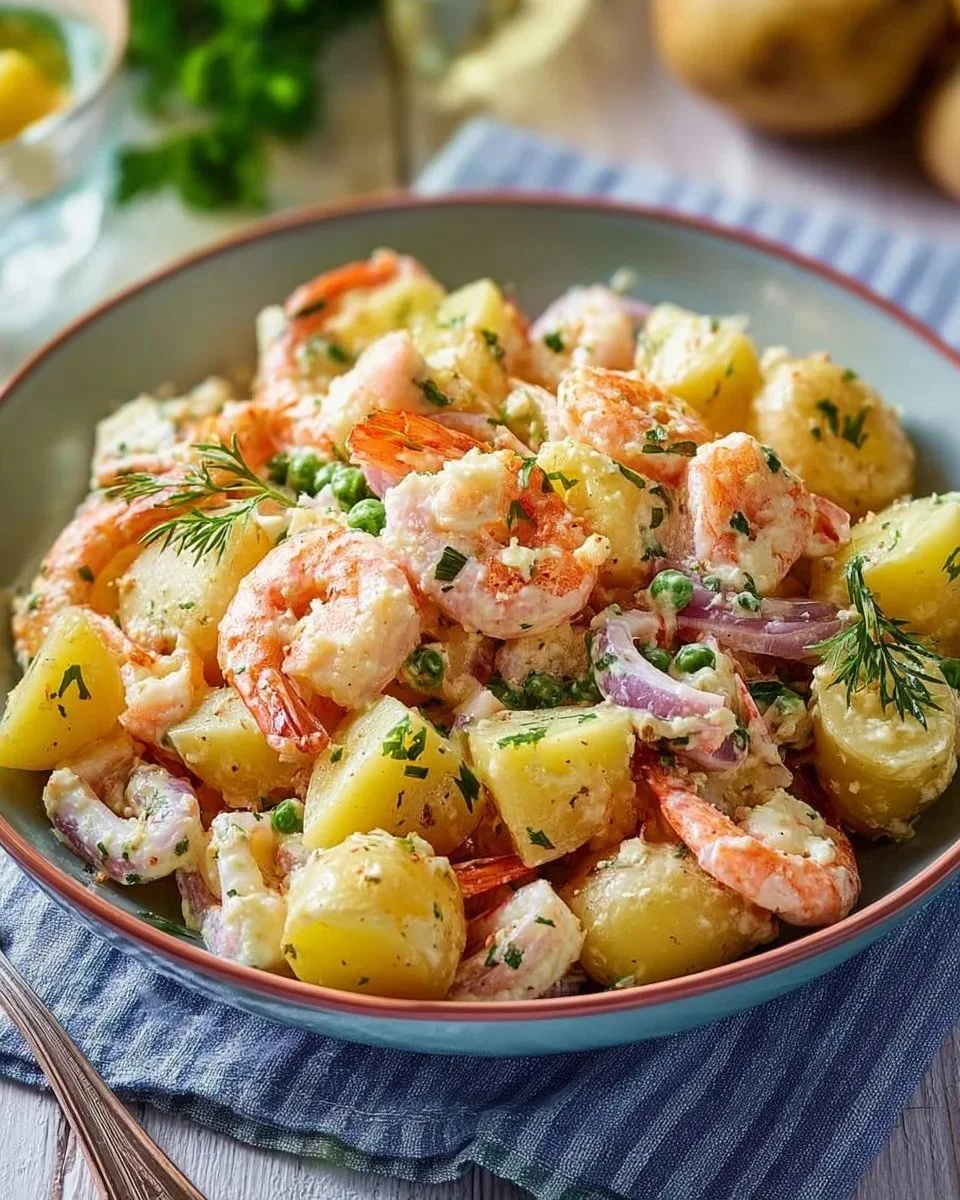 Insalata di patate con totani e gamberi fresca e gustosa