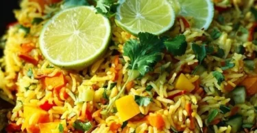 Insalata di riso speziata all'indiana con mango in un piatto