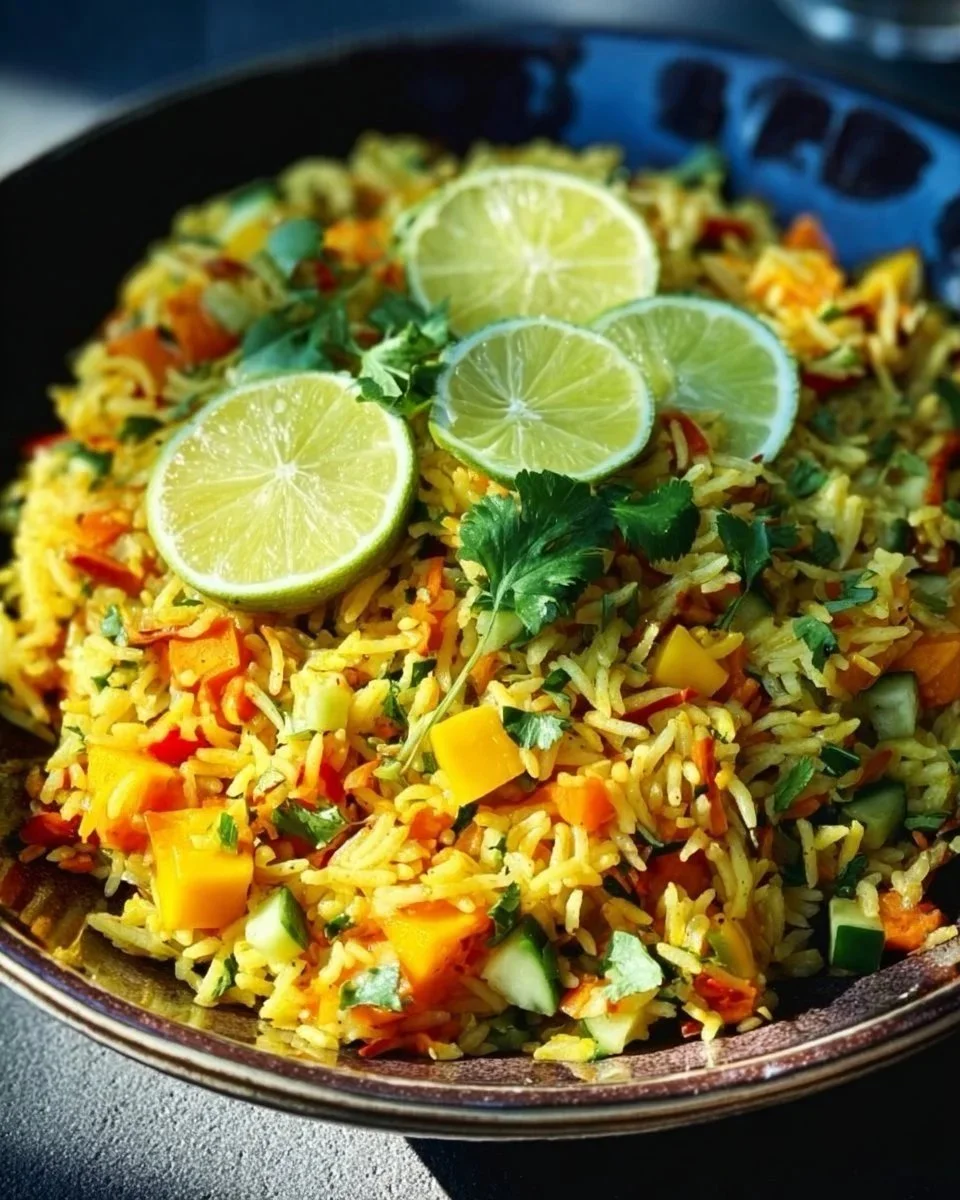 Insalata di riso speziata all'indiana con mango in un piatto