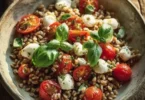 Insalata fredda di farro con pomodorini, mozzarella e basilico in un piatto