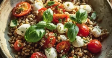 Insalata fredda di farro con pomodorini, mozzarella e basilico in un piatto