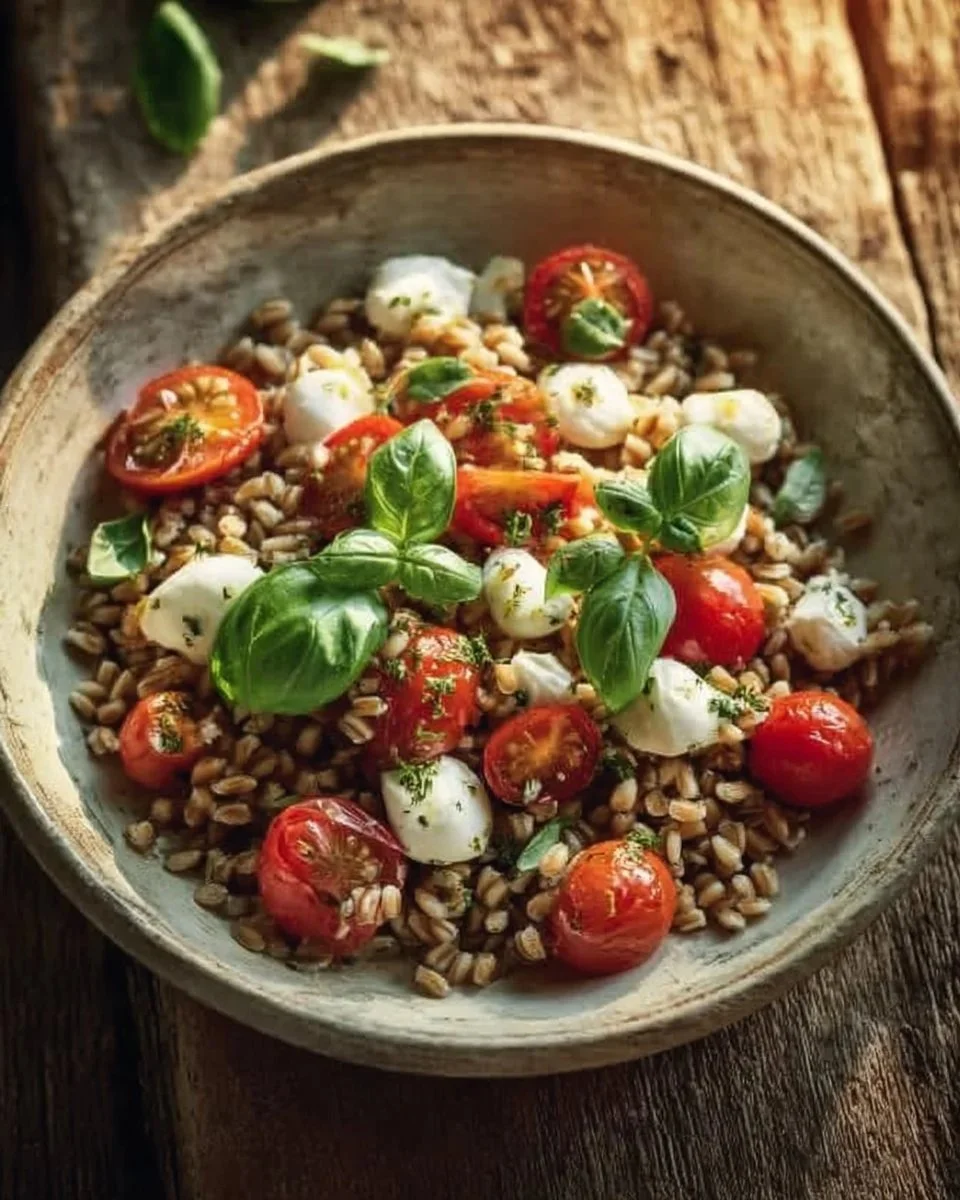 Insalata fredda di farro con pomodorini, mozzarella e basilico in un piatto