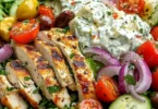 Insalata Greca di Pollo con Tzatziki servita in un piatto colorato