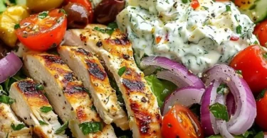 Insalata Greca di Pollo con Tzatziki servita in un piatto colorato