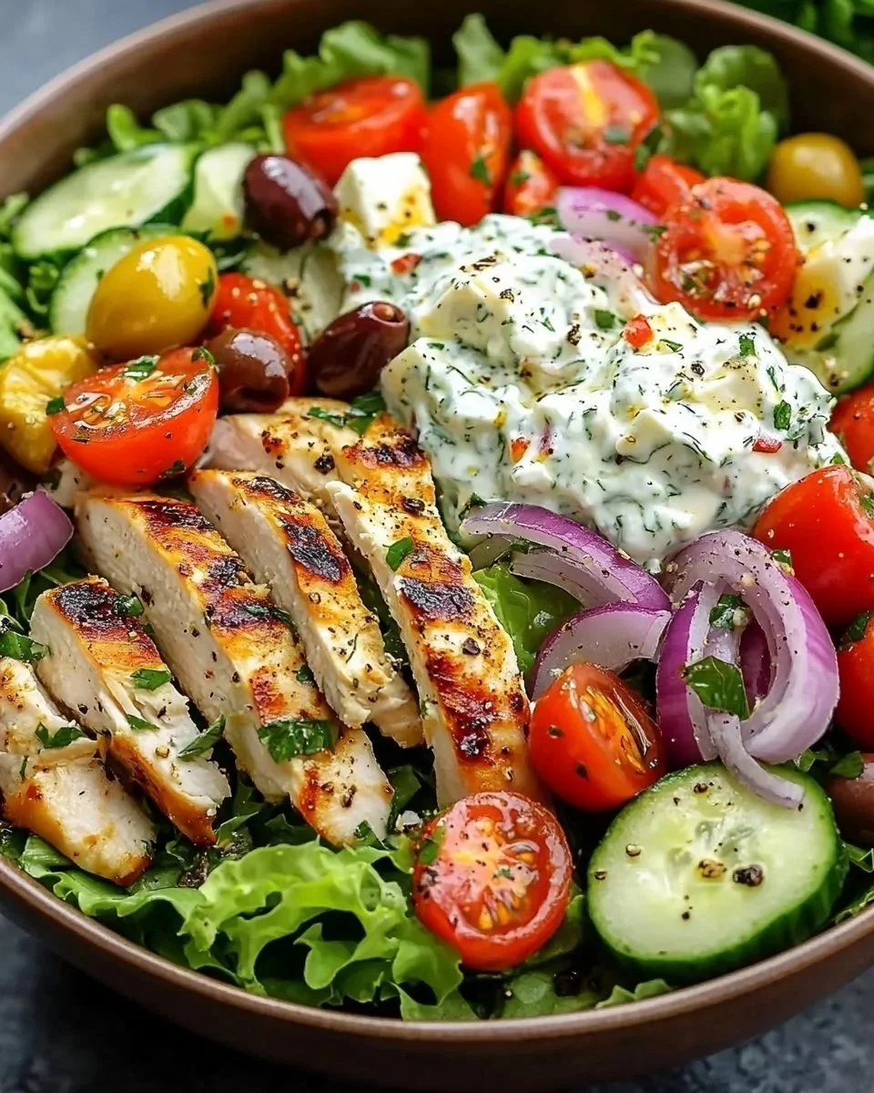 Insalata Greca di Pollo con Tzatziki servita in un piatto colorato