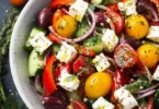 Insalata Mediterranea con pomodori, cetrioli, olive e feta