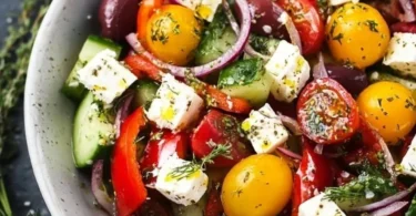 Insalata Mediterranea con pomodori, cetrioli, olive e feta