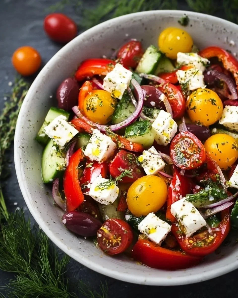 Insalata Mediterranea con pomodori, cetrioli, olive e feta