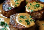 Medaglioni di maiale teneri serviti con salsa di senape e panna.