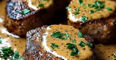 Medaglioni di maiale teneri serviti con salsa di senape e panna.