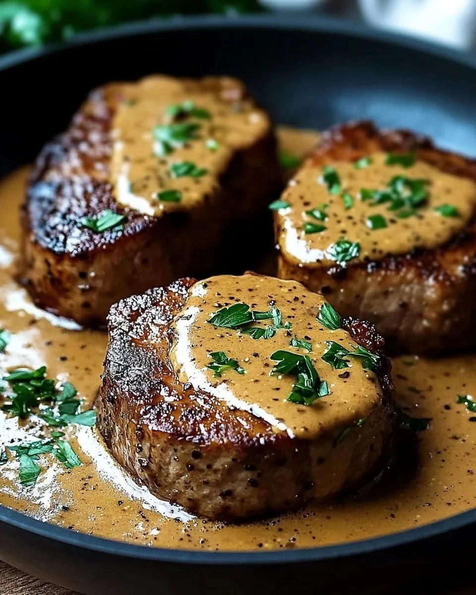Medaglioni di maiale teneri serviti con salsa di senape e panna.