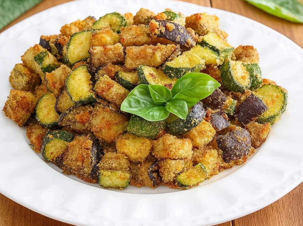 Melanzane e zucchine al forno su un piatto, pronte da servire
