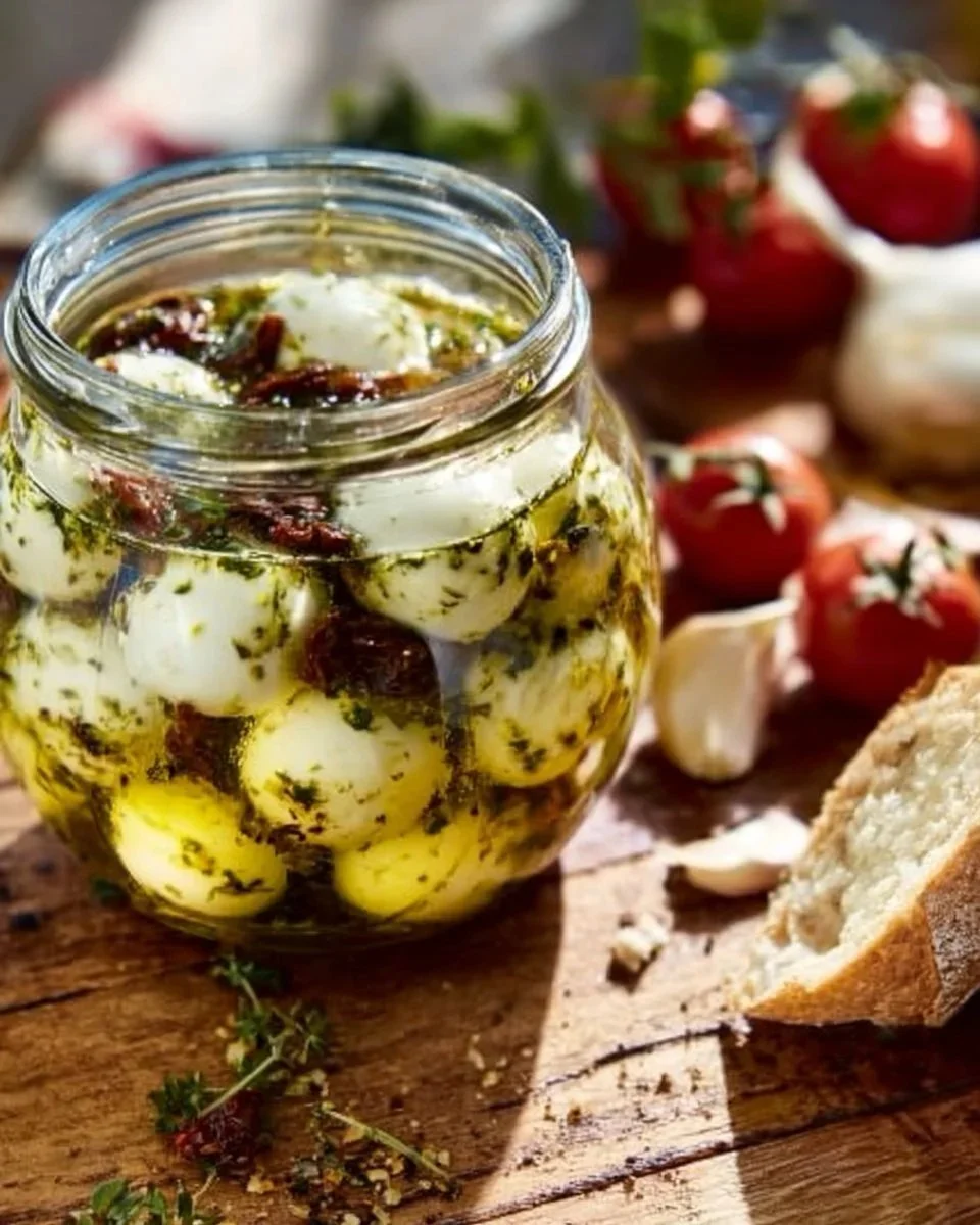Mozzarella marinata con erbe aromatiche e condimenti freschi