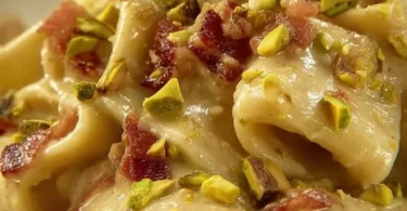 Paccheri con crema di burrata, pistacchi e guanciale croccante