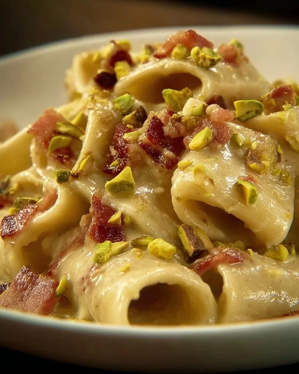 Paccheri con crema di burrata, pistacchi e guanciale croccante