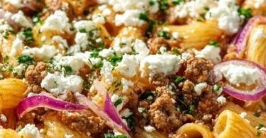 Padella veloce di pasta e carne macinata con feta pronta da servire