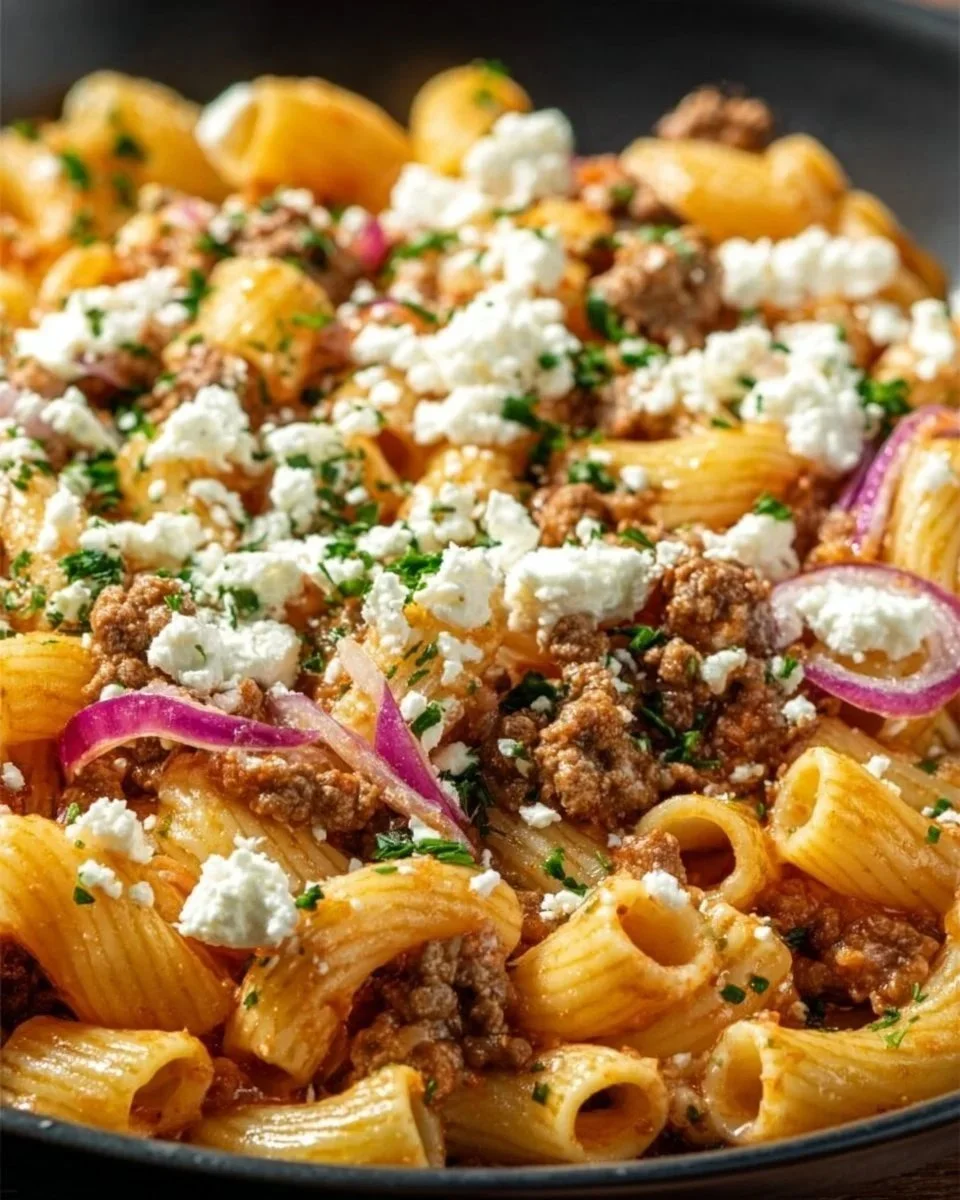 Padella veloce di pasta e carne macinata con feta pronta da servire