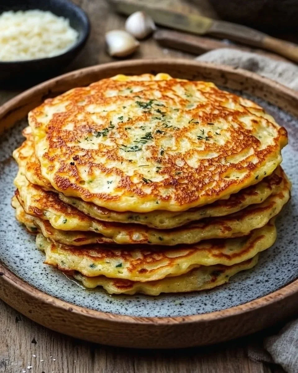 Pancake all'aglio serviti con salsa fresca e decorazione di erbe aromatiche.